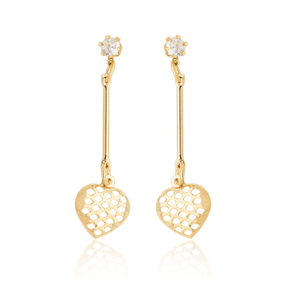 Brinco de palito com coração e pedra de zircônia banhado a ouro 18k - Biju & Cia.