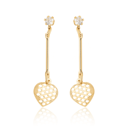 Brinco de palito com coração e pedra de zircônia banhado a ouro 18k - Biju & Cia.