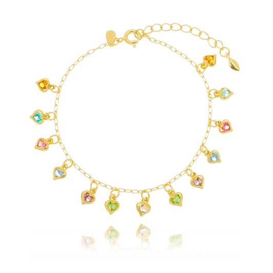 Pulseira de corações coloridos banhada a ouro 18k - Biju & Cia.