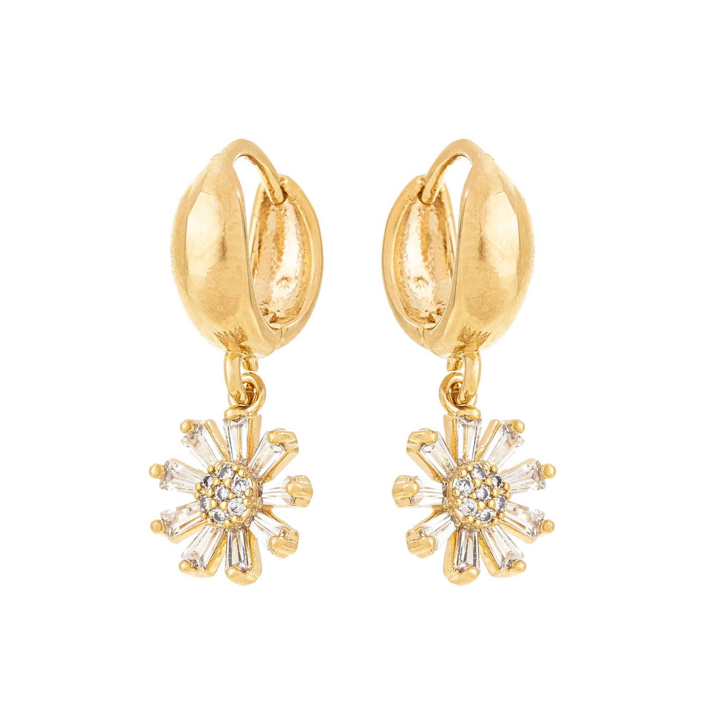Brinco de argola articulada com pingente de flor com zircônias banhado a ouro 18k - Biju & Cia.