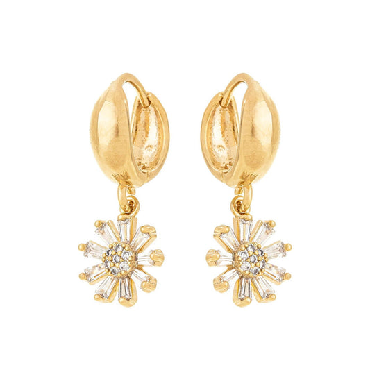 Brinco de argola articulada com pingente de flor com zircônias banhado a ouro 18k - Biju & Cia.