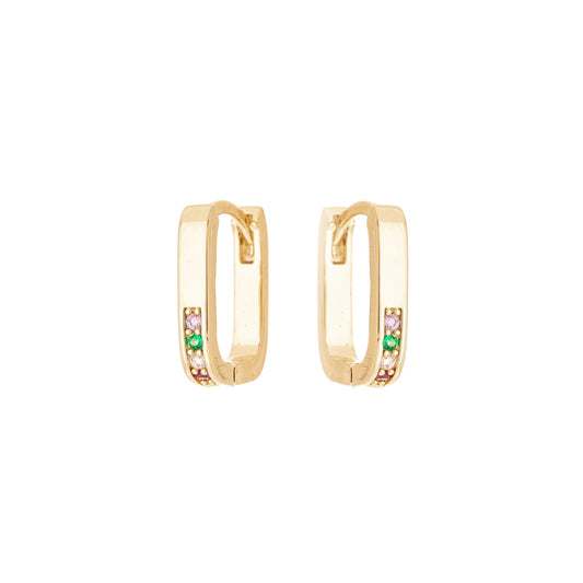 Argola retangular com zircônias coloridas banhada a ouro 18k - Biju & Cia.