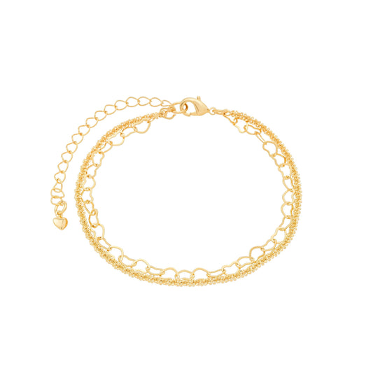 Pulseira dupla torcida e de corações banhada a ouro 18k
