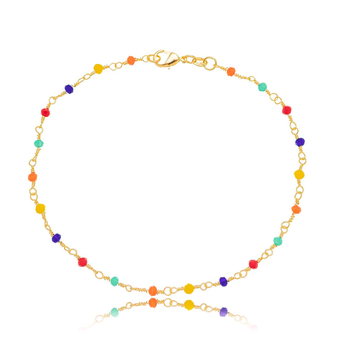 Tornozeleira bolinhas coloridas banhada a ouro 18k