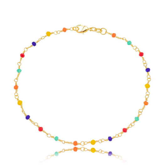Tornozeleira bolinhas coloridas banhada a ouro 18k