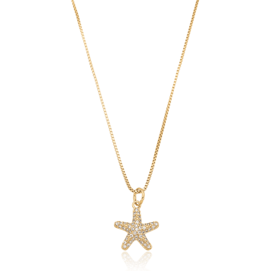 Gargantilha de estrela do mar cravejada de zircônias banhada a ouro 18k - Biju & Cia.