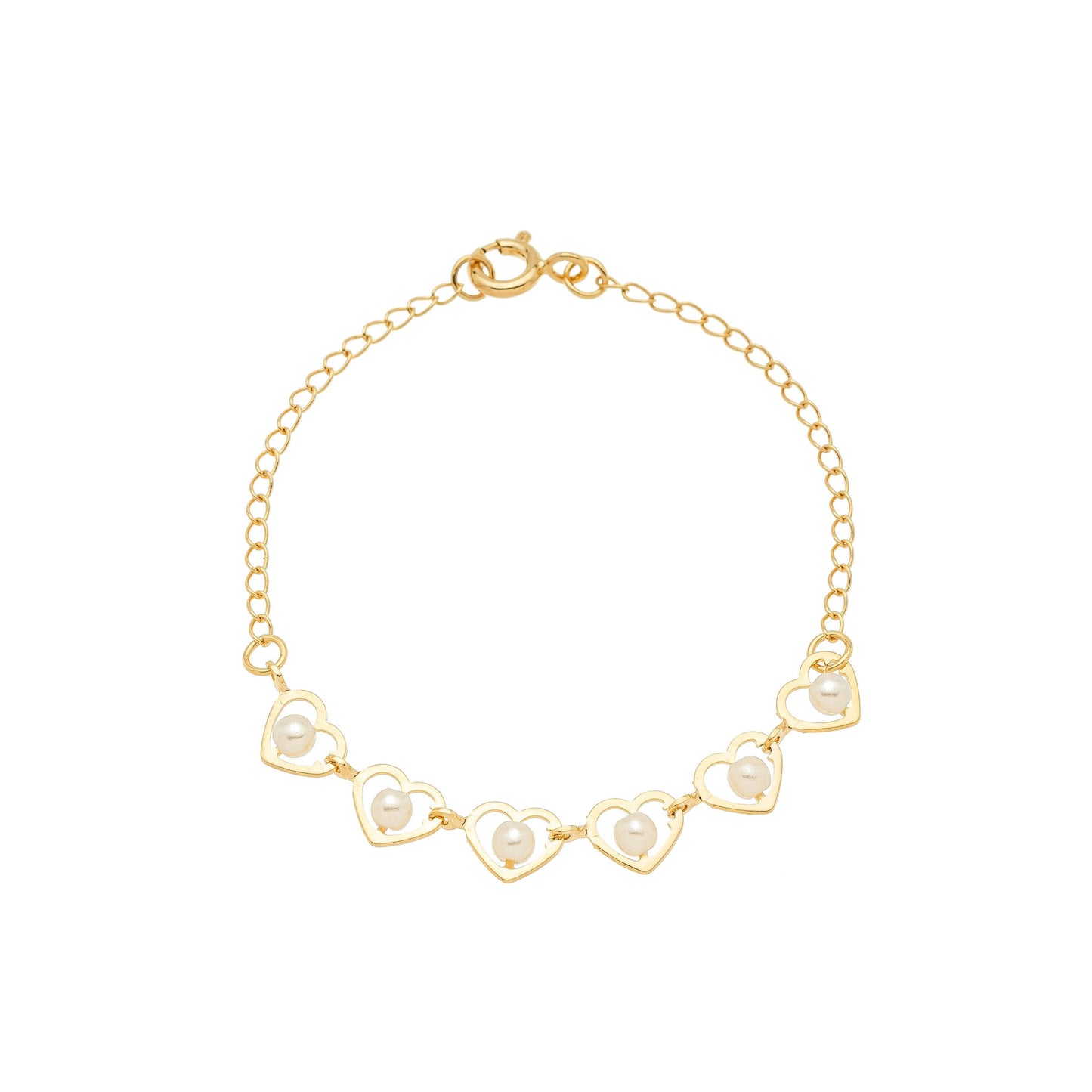 Pulseira infantil coração com pérola banhada a ouro 18k