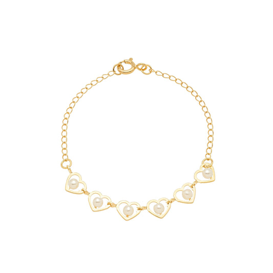 Pulseira infantil coração com pérola banhada a ouro 18k