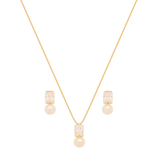 Conjunto de pérola com zircônia banhado a ouro 18k - Biju & Cia.