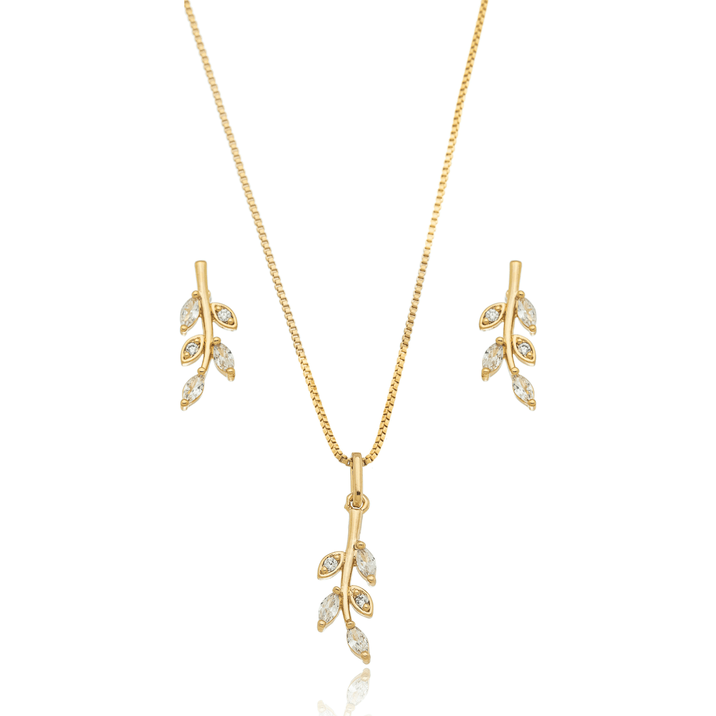 Conjunto de brinco e gargantilha de folha com pedras banhado a ouro 18k