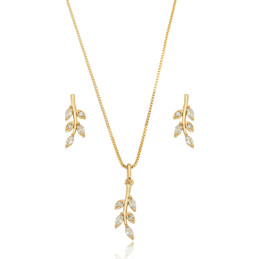 Conjunto de brinco e gargantilha de folha com pedras banhado a ouro 18k