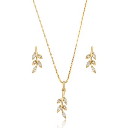 Conjunto de brinco e gargantilha de folha com pedras banhado a ouro 18k - Biju & Cia.