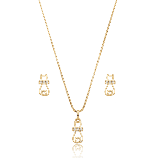 Conjunto de brinco e gargantilha de gato com zircônia banhado a ouro 18k - Biju & Cia.
