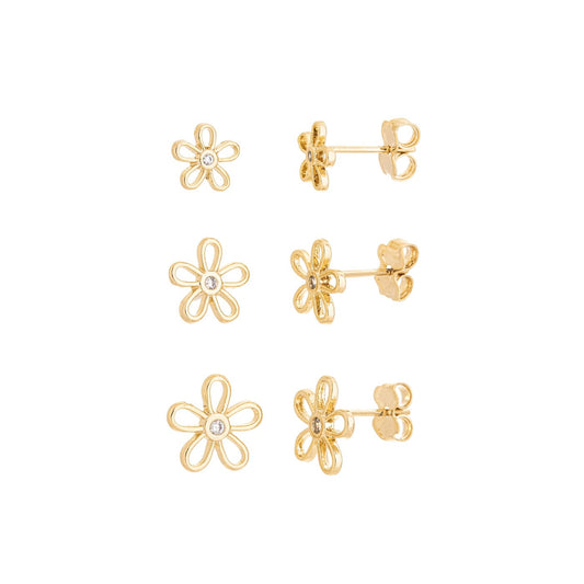 Trio de brincos de flor banhado a ouro 18k