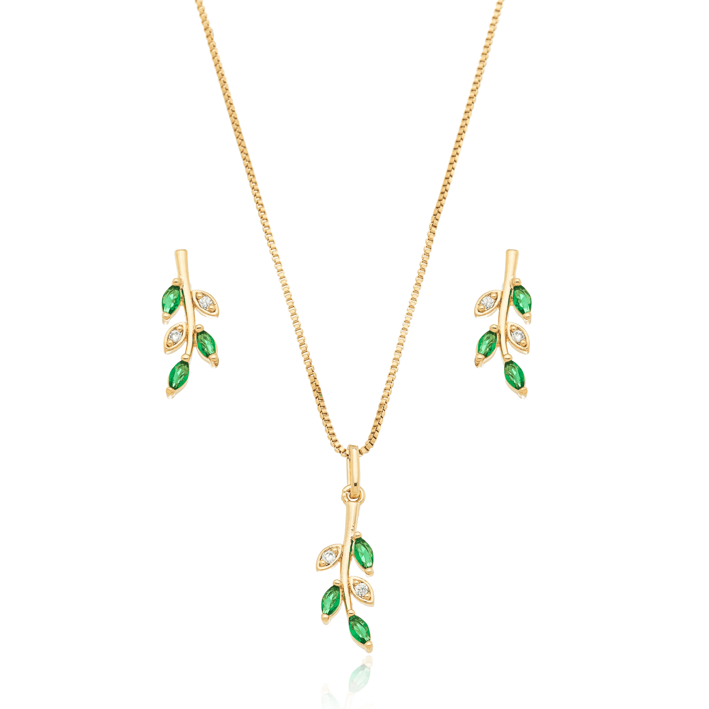 Conjunto de brinco e gargantilha de folha com pedras banhado a ouro 18k - Biju & Cia.