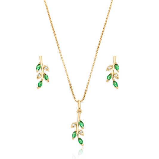 Conjunto de brinco e gargantilha de folha com pedras banhado a ouro 18k - Biju & Cia.
