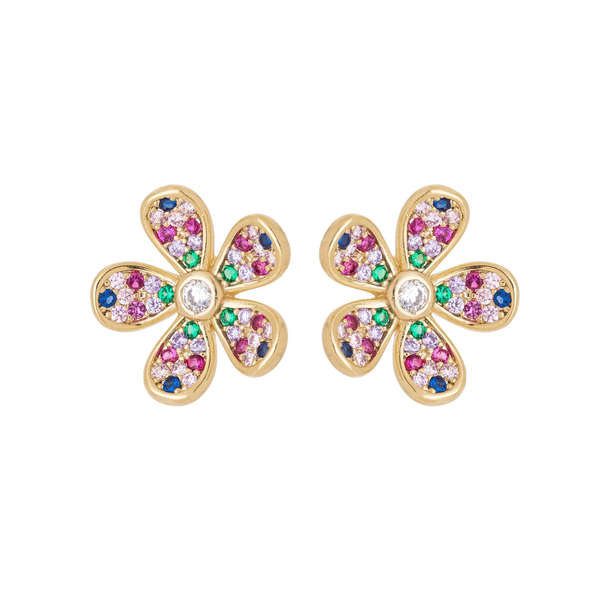 Brinco flor com zircônia coloridas banhado a ouro 18k - Biju & Cia.