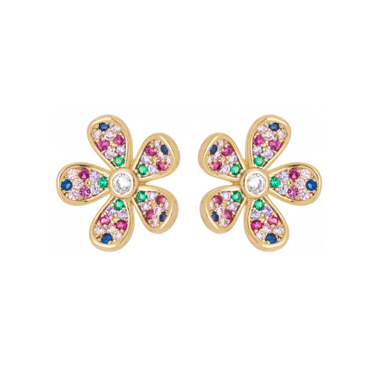 Brinco flor com zircônia coloridas banhado a ouro 18k - Biju & Cia.