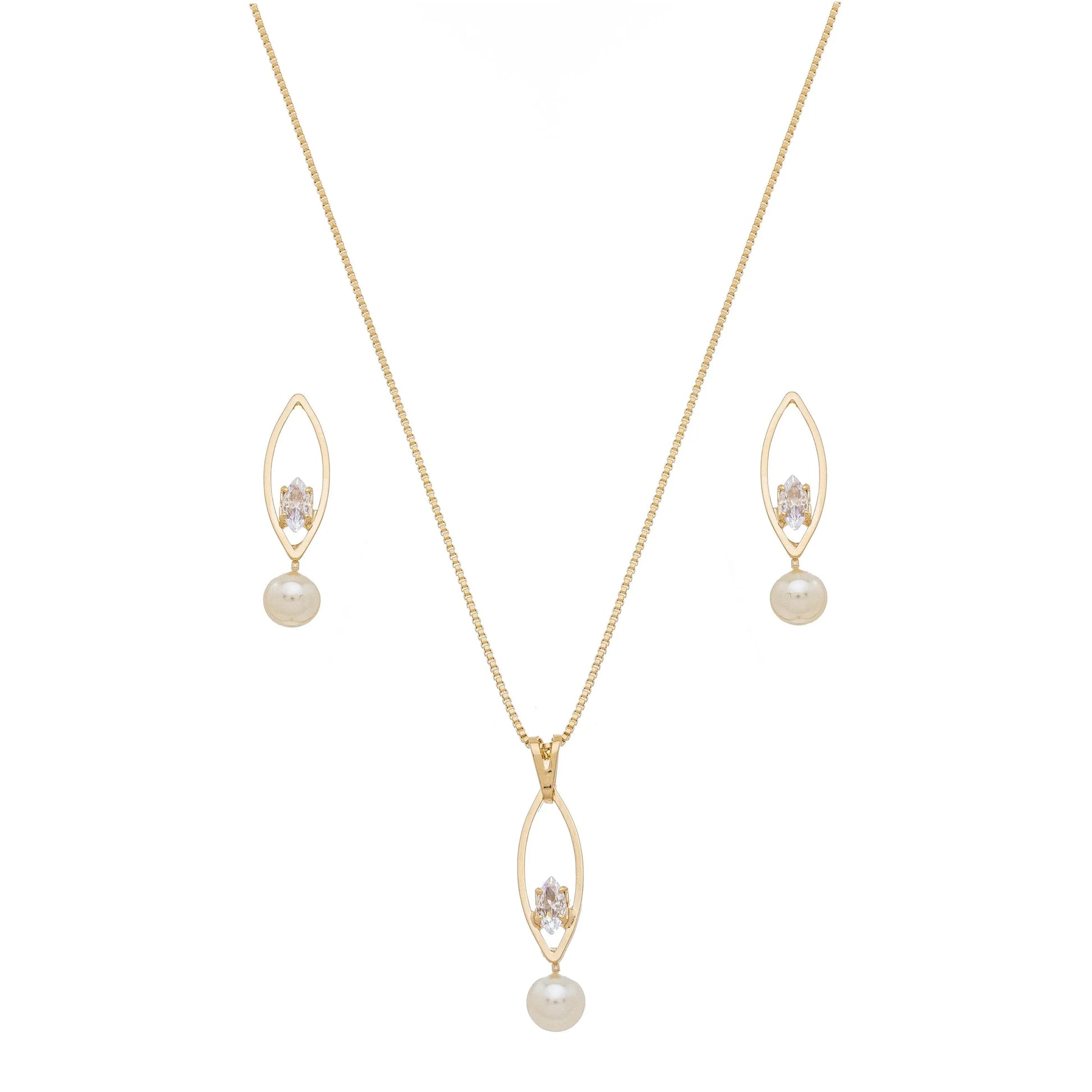 Conjunto com pérola e zircônia banhado a ouro 18k - Biju & Cia.