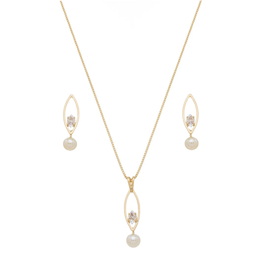 Conjunto com pérola e zircônia banhado a ouro 18k - Biju & Cia.