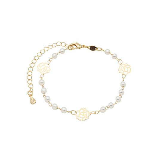 Pulseira flores e pérolas banhada a ouro 18k - Biju & Cia.