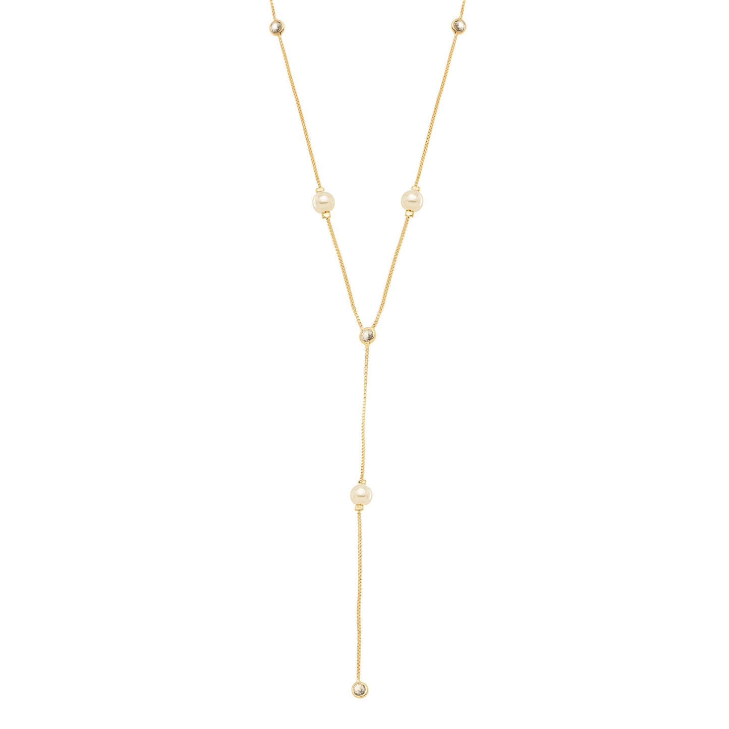 Colar gravata com pérolas e zircônias banhado a ouro 18k - Biju & Cia.