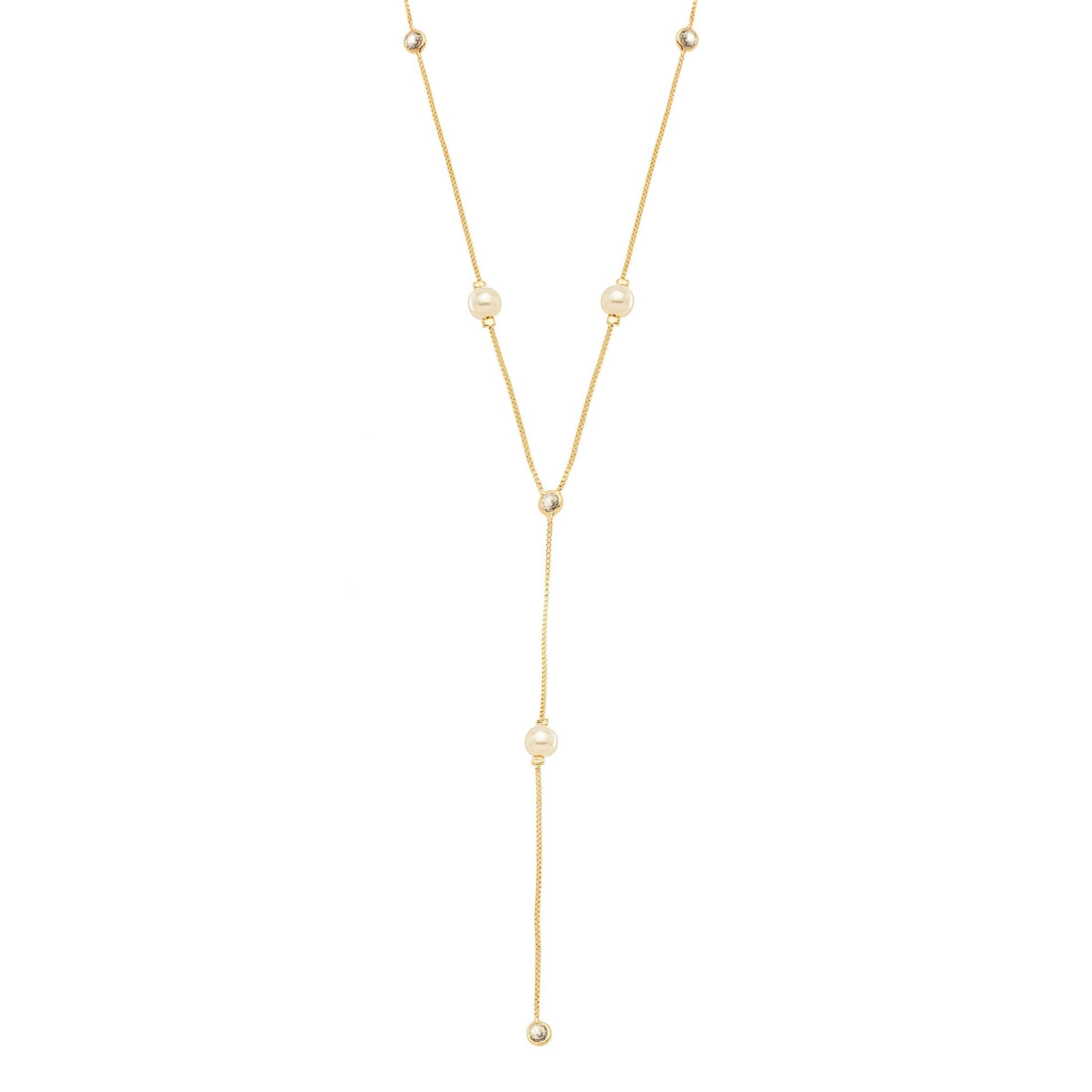 Colar gravata com pérolas e zircônias banhado a ouro 18k - Biju & Cia.