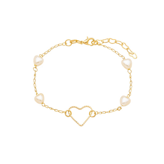 Pulseira com pérolas e coração banhada a ouro 18k - Biju & Cia.