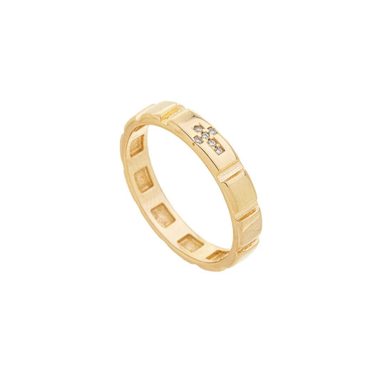 Anel quadriculado com cruz banhado a ouro 18k