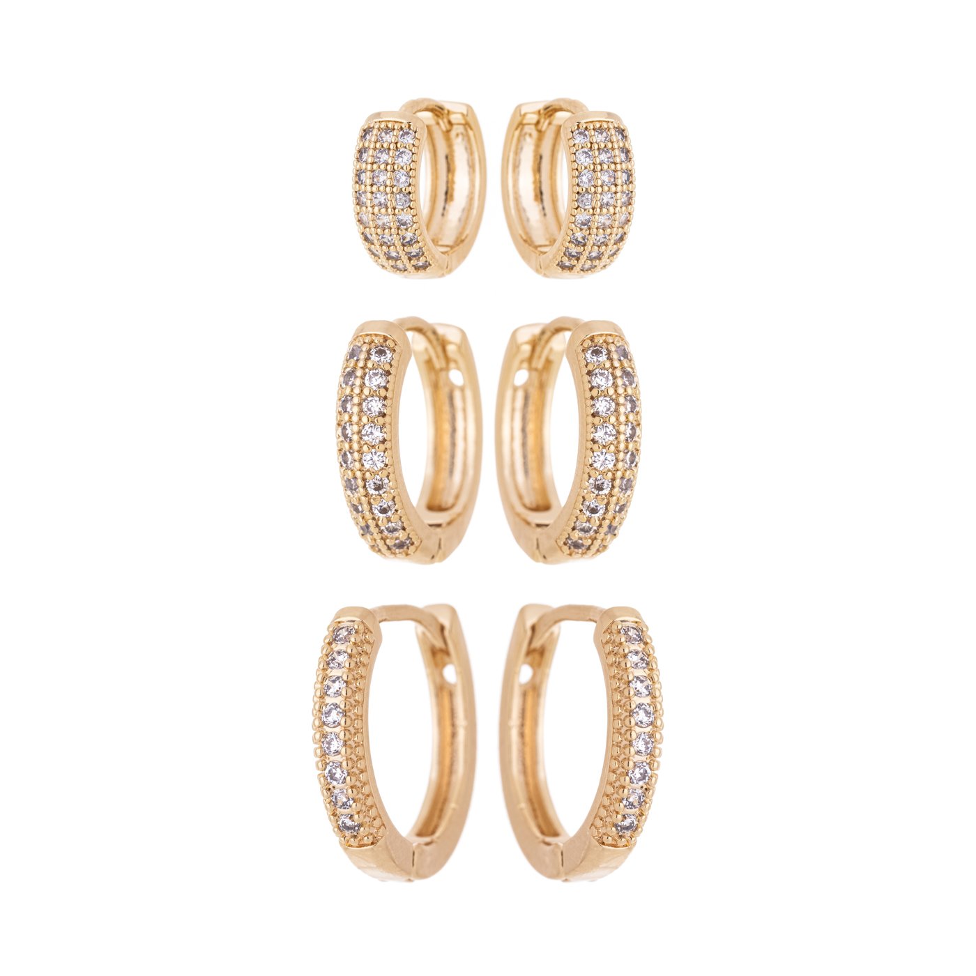 Trio de brincos de argola articulada com zircônia banhado a ouro 18k - Biju & Cia.