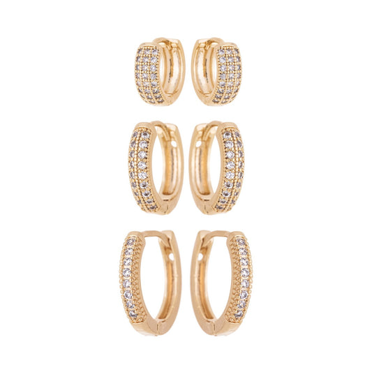 Trio de brincos de argola articulada com zircônia banhado a ouro 18k - Biju & Cia.