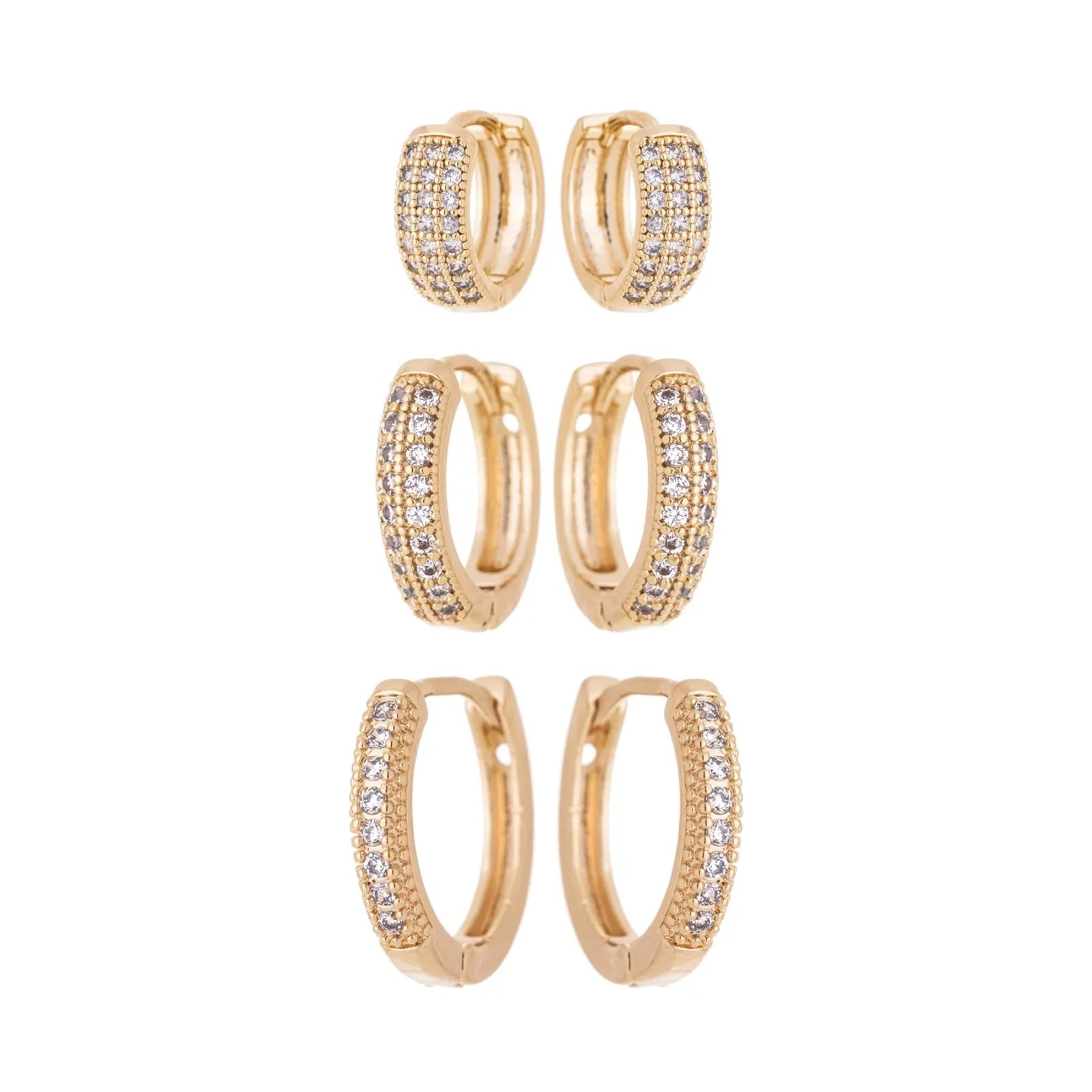 Trio de brincos de argola articulada com zircônia banhado a ouro 18k - Biju & Cia.
