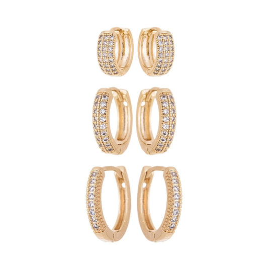 Trio de brincos de argola articulada com zircônia banhado a ouro 18k - Biju & Cia.