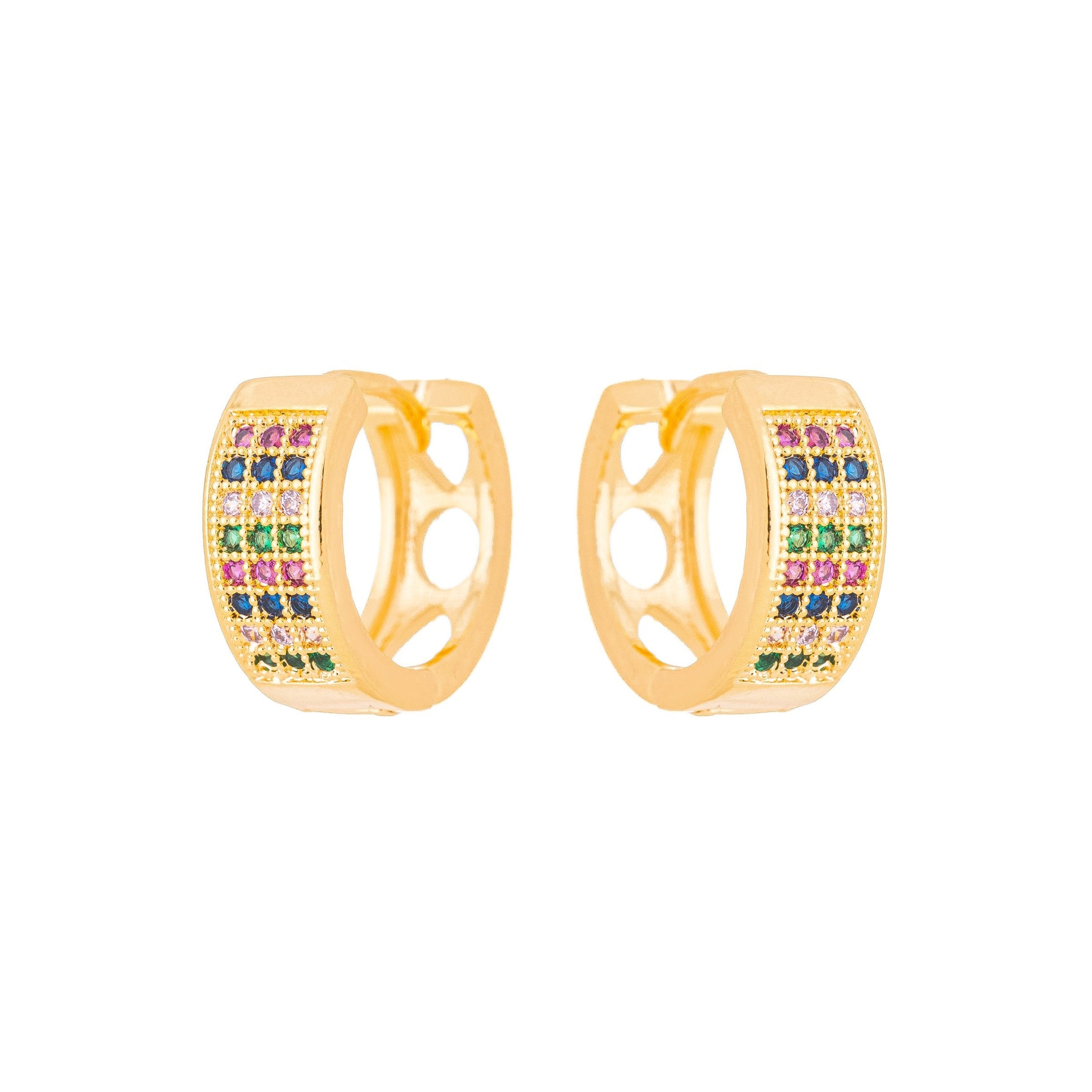 Brinco de argola articulada com zircônias coloridas banhado a ouro 18k - Biju & Cia.