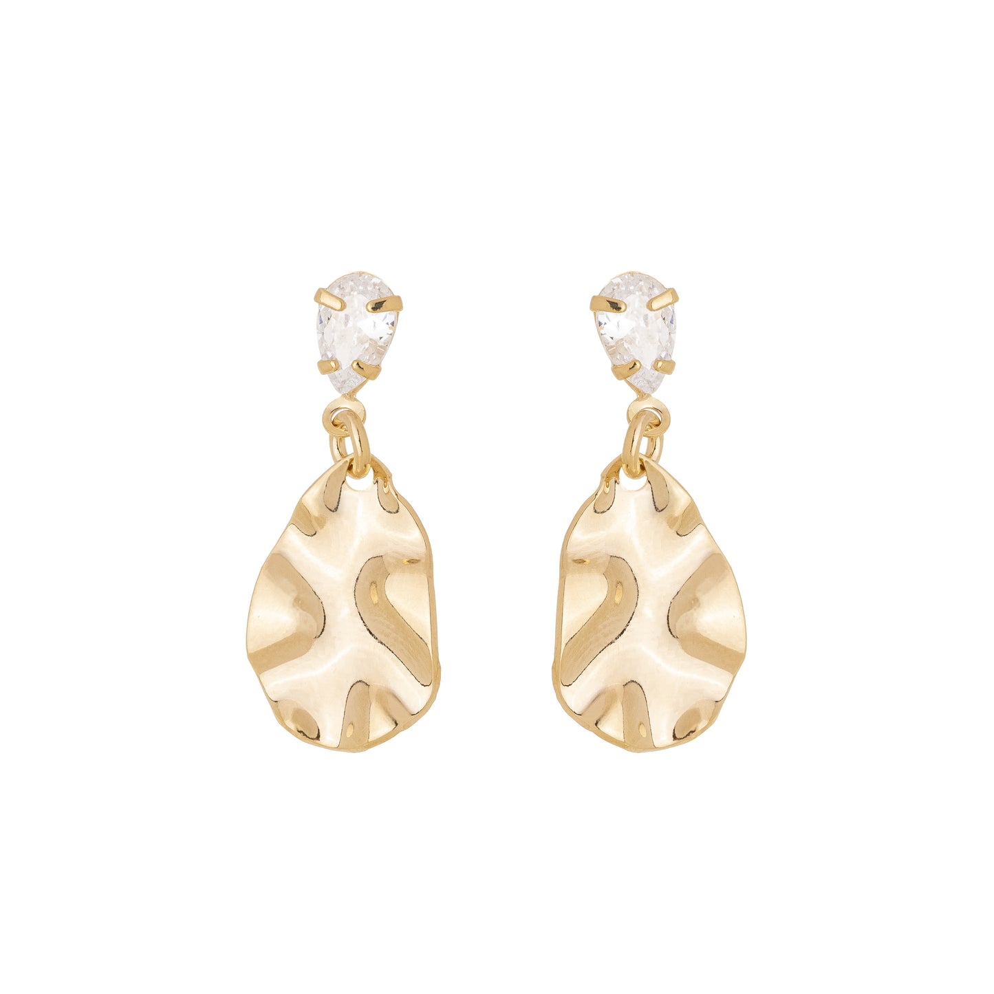 Brinco de chapa em fomato de gota amassada banhado a ouro 18k - Biju & Cia.