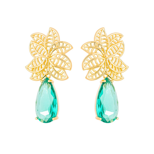 Brinco de flor com pedra banhado a ouro 18k - Biju & Cia.