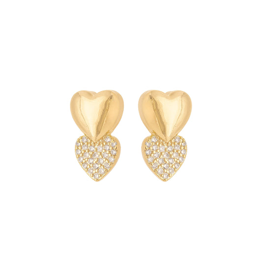 Brinco com dois corações com zircônias banhado a ouro 18k - Biju & Cia.