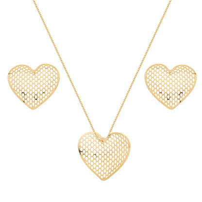 Conjunto coração vazado banhado a ouro 18k