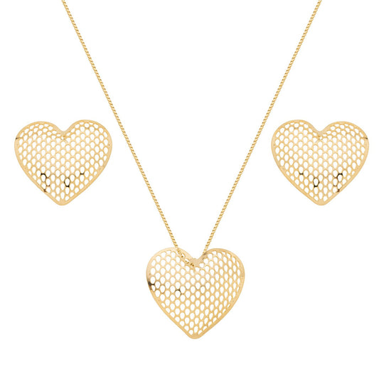 Conjunto coração vazado banhado a ouro 18k