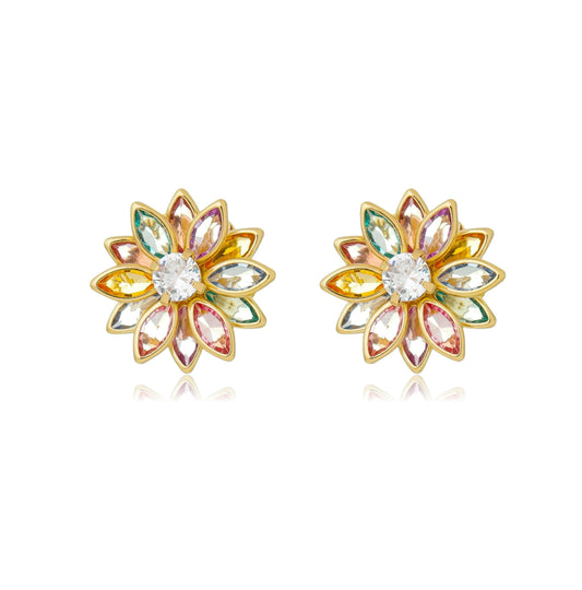 Brinco de flor com zircônias coloridas banhado a ouro 18k - Biju & Cia.
