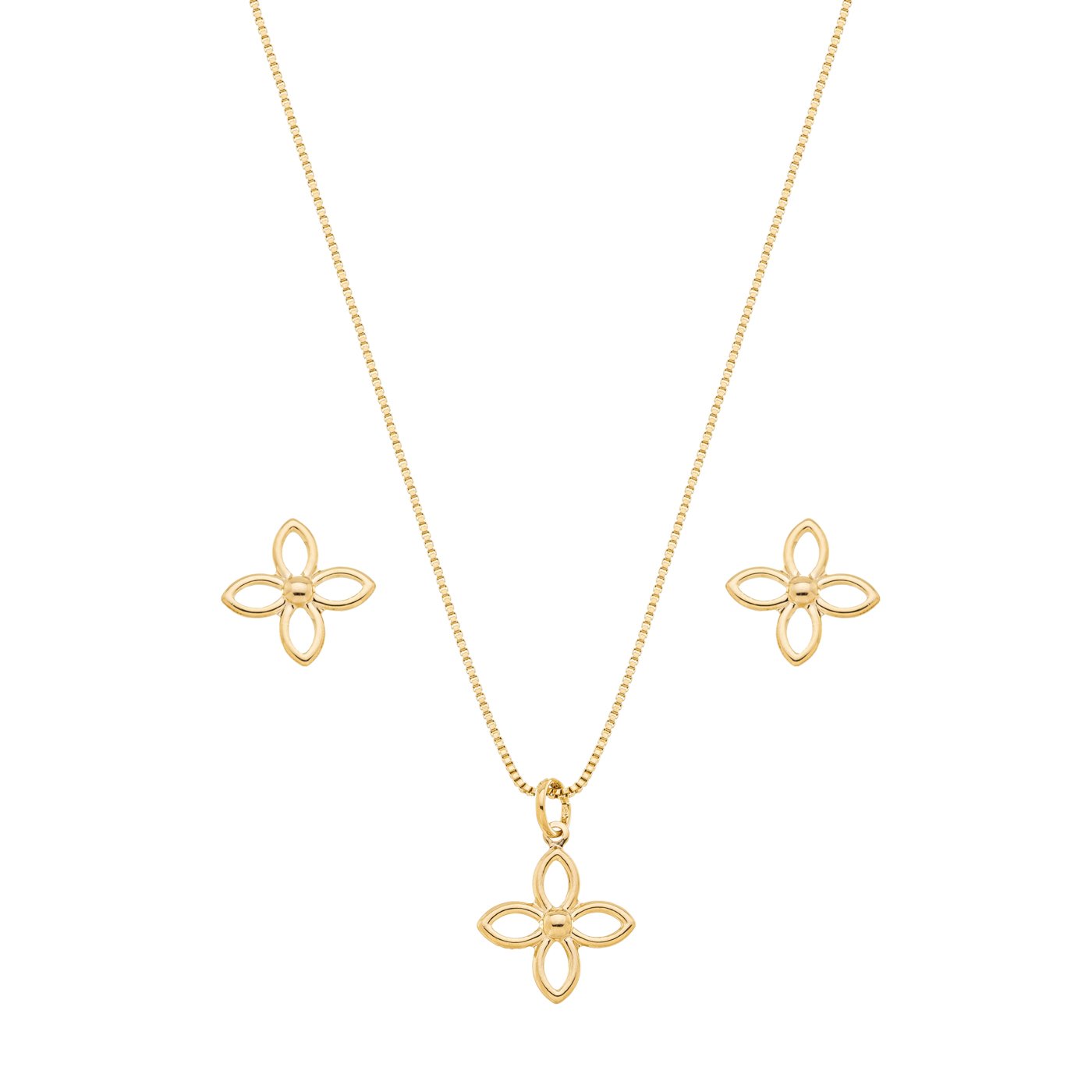 Conjunto flor vazada banhado a ouro 18k