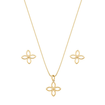 Conjunto flor vazada banhado a ouro 18k