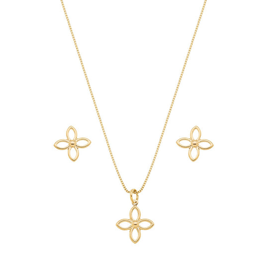 Conjunto flor vazada banhado a ouro 18k