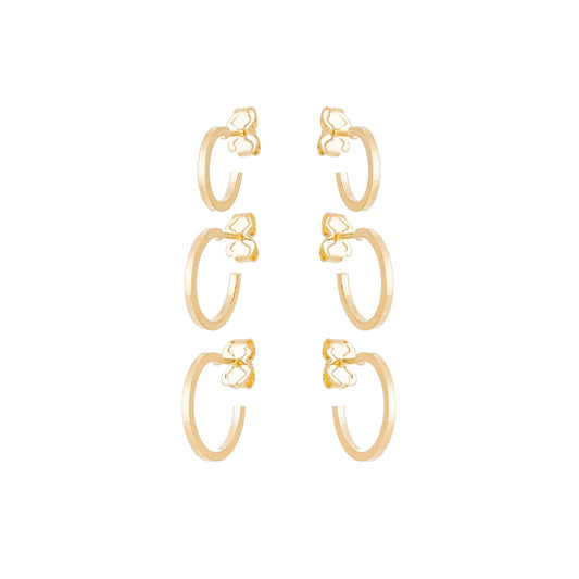 Trio de brincos de argola pequena de fio quadrado banhado a ouro 18k - Biju & Cia.