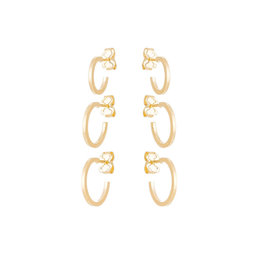 Trio de brincos de argola pequena de fio quadrado banhado a ouro 18k - Biju & Cia.