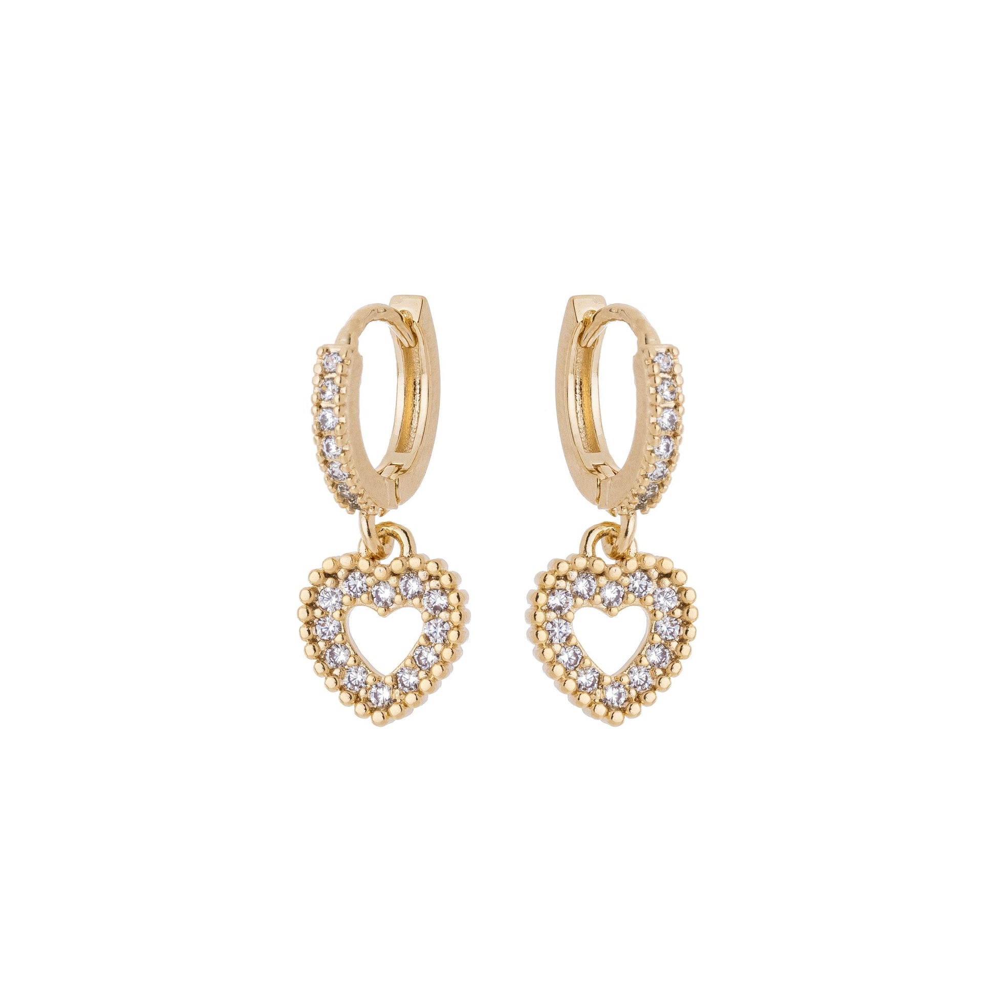 Brinco de argola articulada com coração cravejado com zircônia banhado a ouro 18k - Biju & Cia.