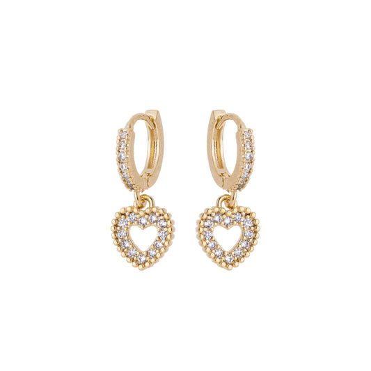 Brinco de argola articulada com coração cravejado com zircônia banhado a ouro 18k - Biju & Cia.