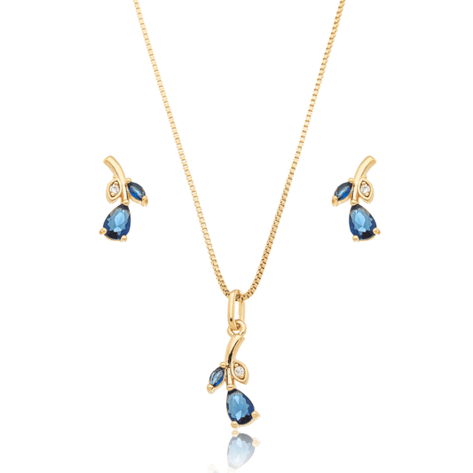 Conjunto de brinco e gargantilha em formato de folha com pedras banhado a ouro 18k - Biju & Cia.