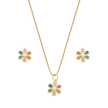 Conjunto flor com zircônias coloridas banhado a ouro 18k