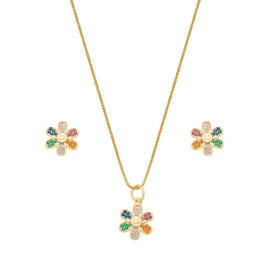 Conjunto flor com zircônias coloridas banhado a ouro 18k